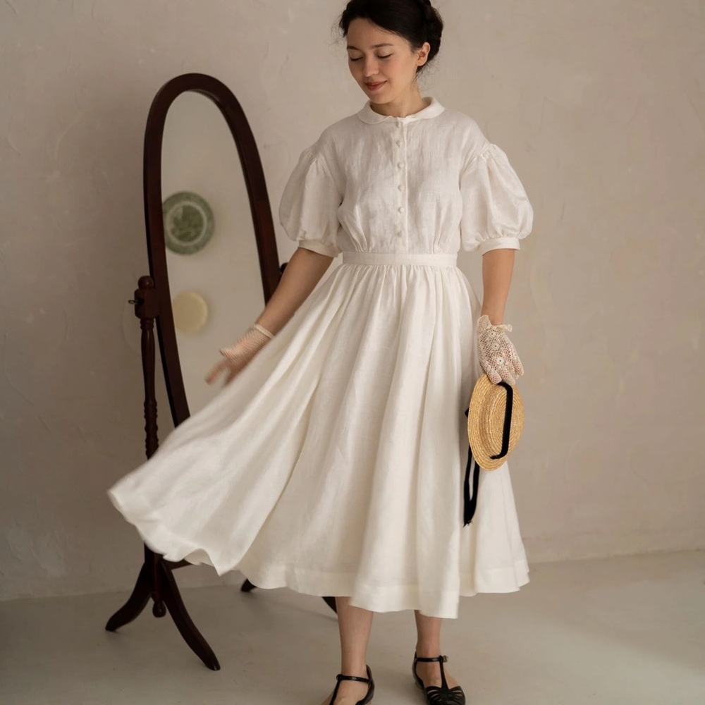 Little Women Atelier Short Sleeve Meg Linen Dress Navy Blue